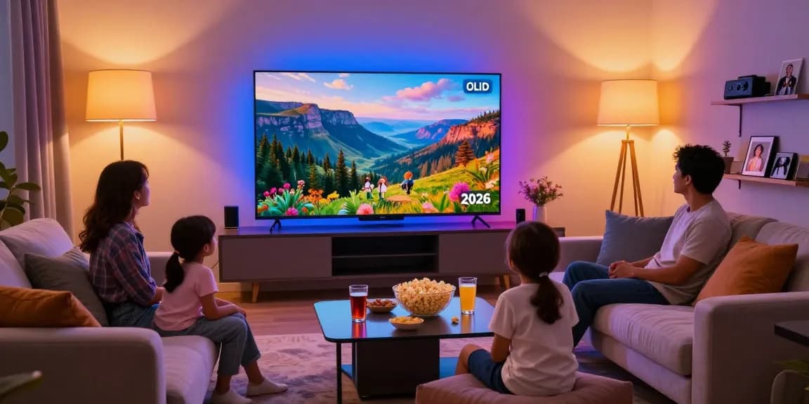 Family enjoying an OLED TV 2026 movie night with vibrant visuals, cozy sofa, and stylish snacks.