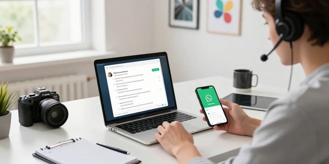 Engaged user navigating WhatsApp下載 interface in bright, modern workspace.