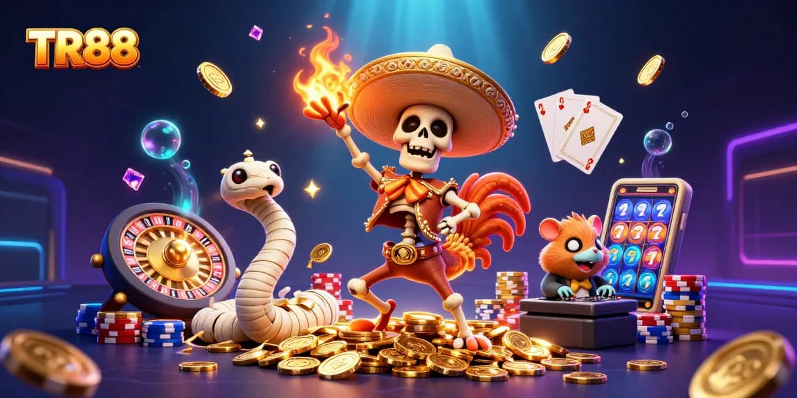 Engage with TR88's vibrant casino atmosphere featuring skeleton mariachi and golden treasures.