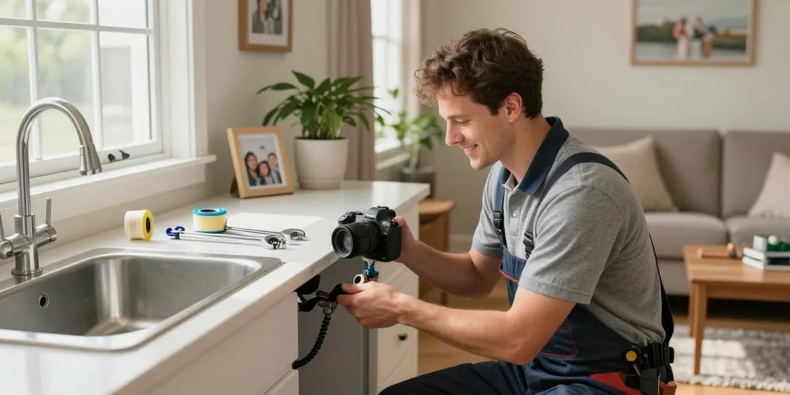 Local plumber Stevens Point WI fixing sink issue with tools in a cozy home.