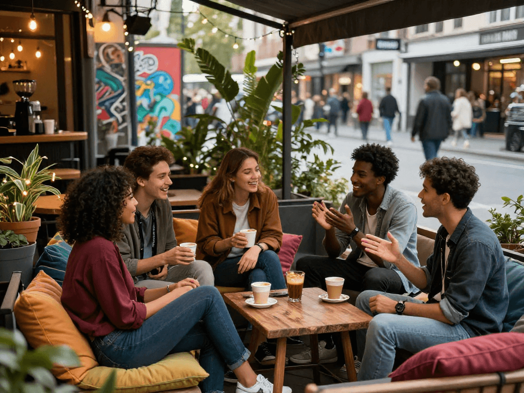A group of friends engaging in a spicy chat at a cozy café terrace, enjoying laughter and connection.