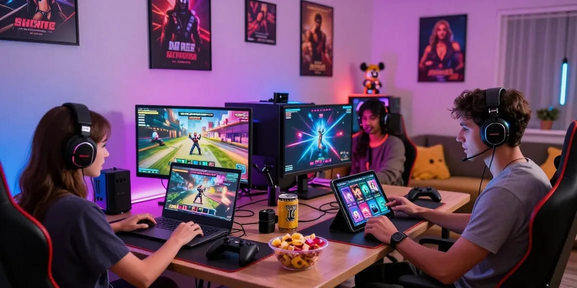 Gamers enjoying free porn games on laptops and tablets in a vibrant gaming room with colorful LED lighting.
