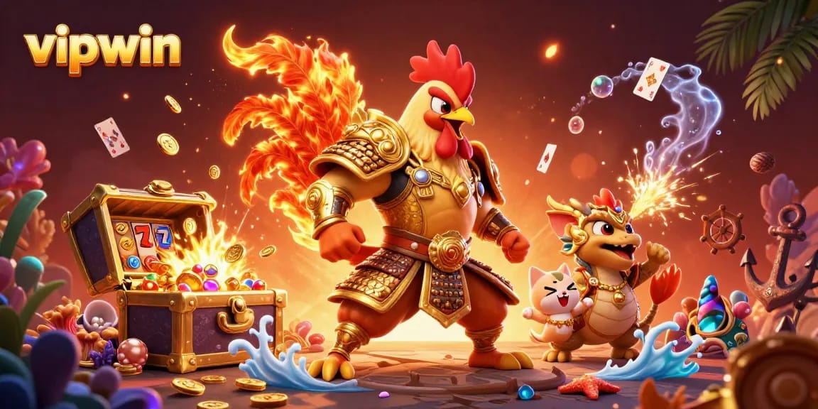 Experience thrilling action with vipwin’s legendary rooster warrior and dragon in a dynamic 3D casino scene.
