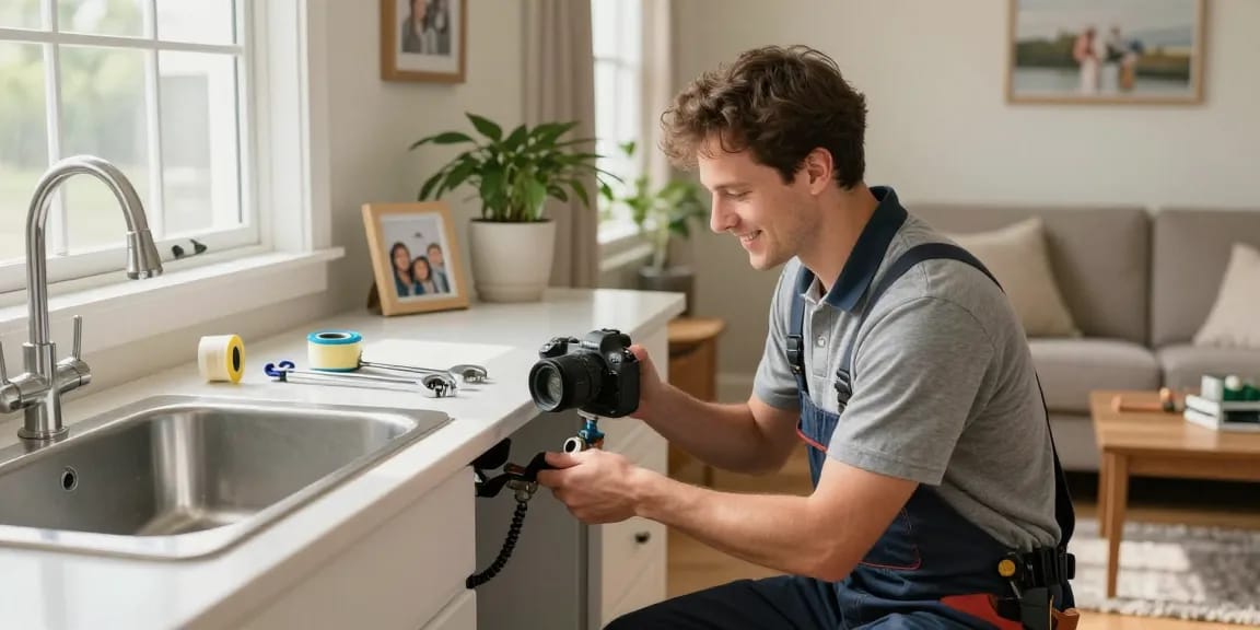 Local plumber Stevens Point WI fixing sink issue with tools in a cozy home.