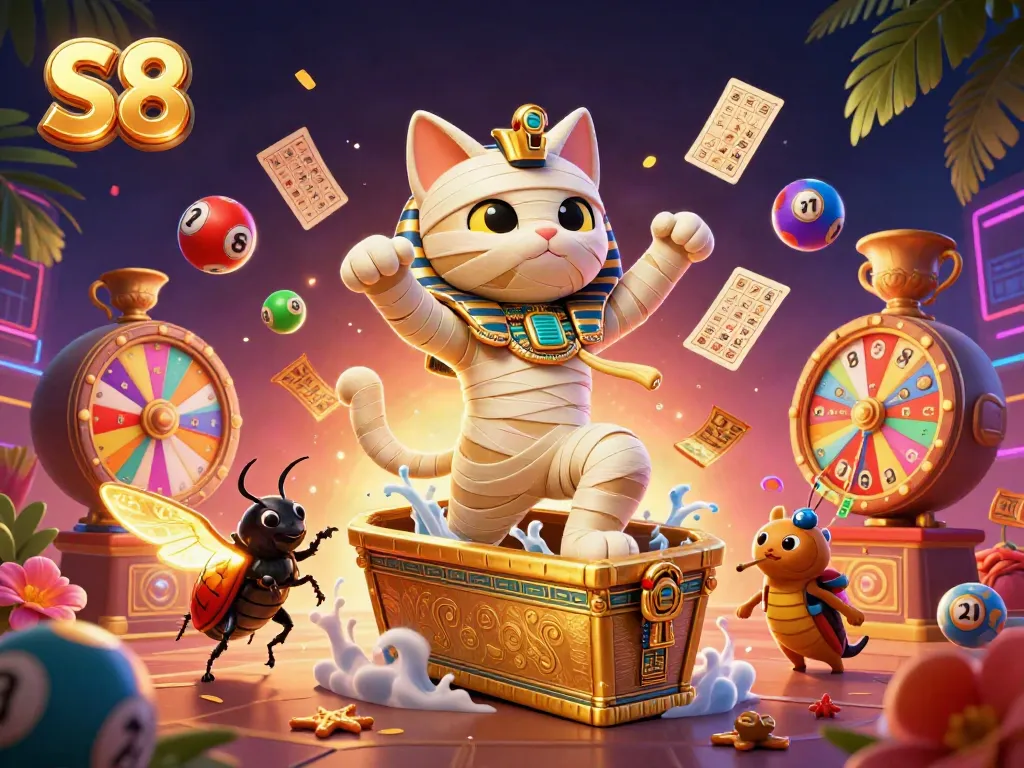 Experience thrilling wins with S8 at the energetic casino scene featuring dynamic characters and gaming elements.
