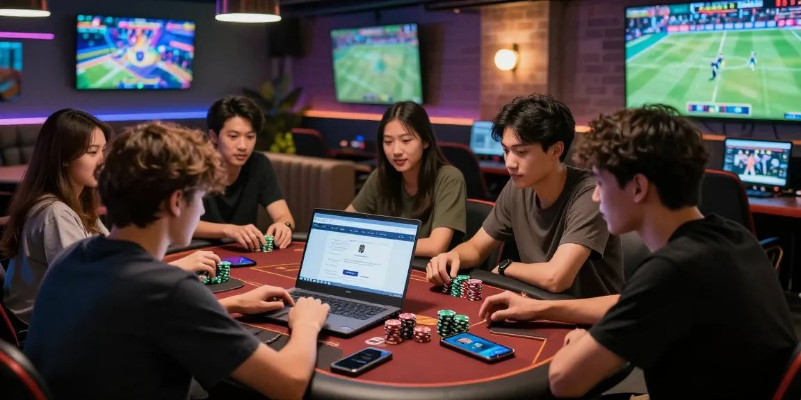토토사이트 검증 먹튀스팟 engaging gaming lounge scene with friends discussing strategies and using devices.