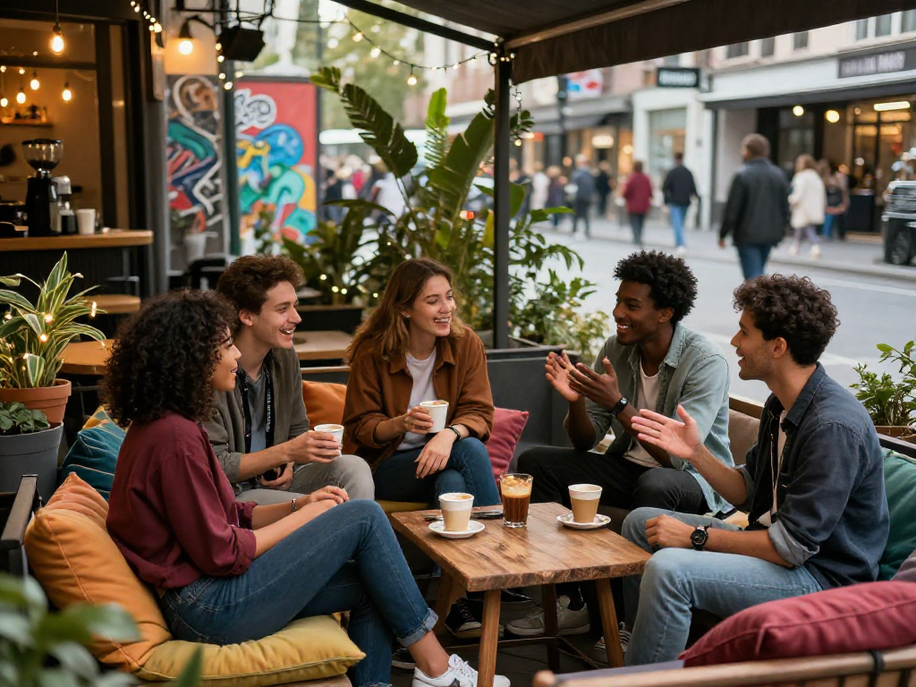 A group of friends engaging in a spicy chat at a cozy café terrace, enjoying laughter and connection.