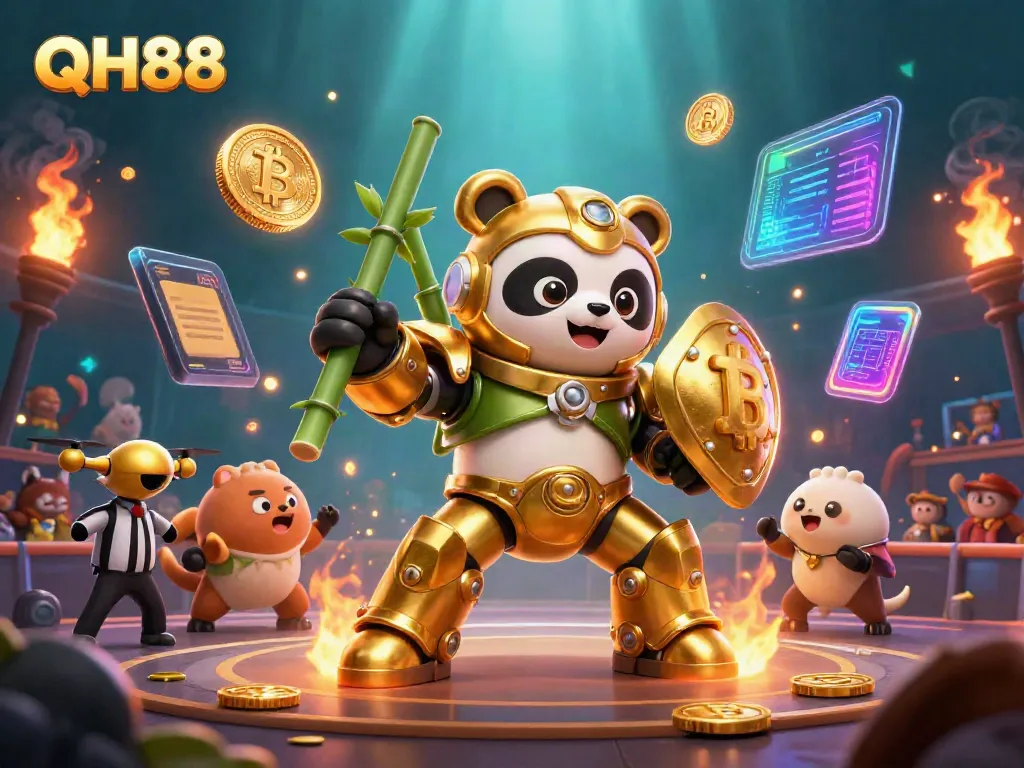 Engage in the exciting world of QH88 gaming with golden panda piloting a futuristic robot amidst vibrant casino elements.