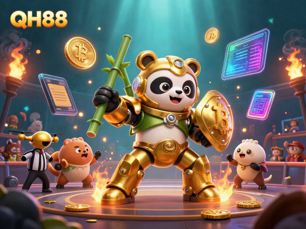 Engage in the exciting world of QH88 gaming with golden panda piloting a futuristic robot amidst vibrant casino elements.