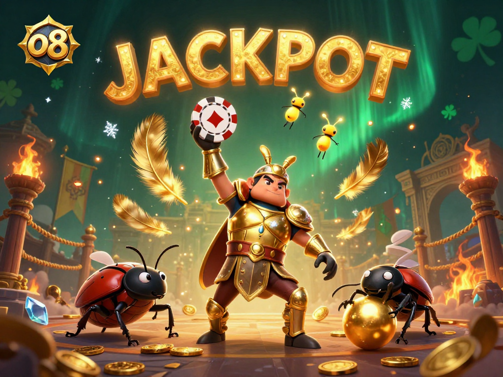Experience the thrill of o8 with a victorious hercules beetle lifting a poker chip amidst a dynamic jackpot scene.