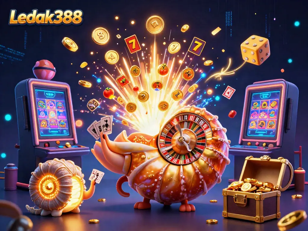 Experience excitement with Ledak388: a vibrant slots and casino-themed 3D illustration, featuring dynamic gaming elements.