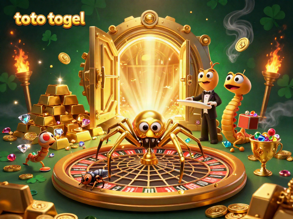 Experience thrilling betting action in the toto togel casino atmosphere featuring a golden web and treasure.