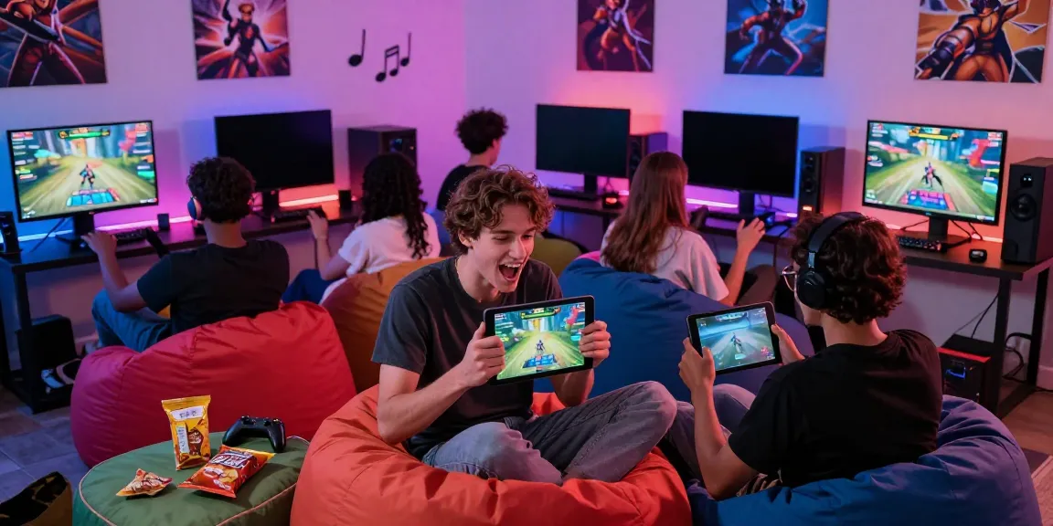 Engaging multiplayer gaming scene featuring friends enjoying http://11bet-app.net/ on tablets and consoles in a vibrant atmosphere.