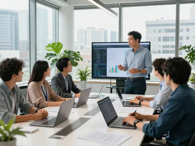 Visit our website for insights from a diverse team collaborating in a modern office.