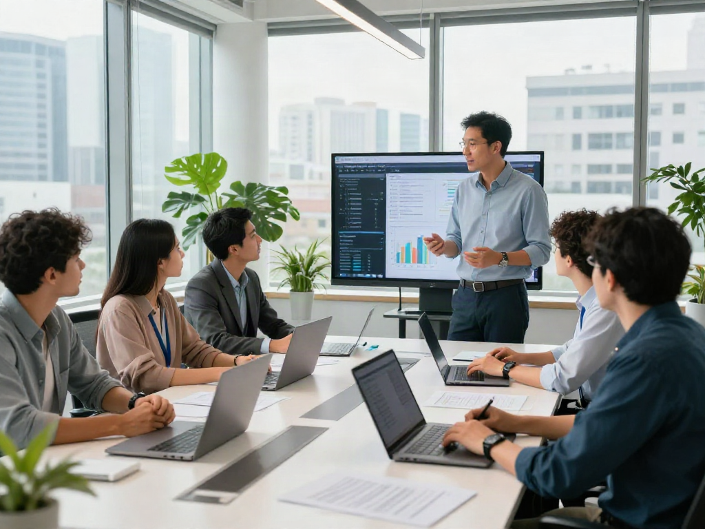 Visit our website for insights from a diverse team collaborating in a modern office.