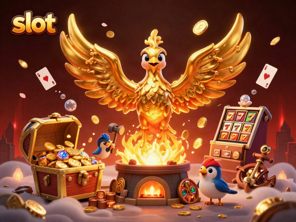 Playing slot machines with golden phoenix and treasure elements, showcasing exciting casino vibes.