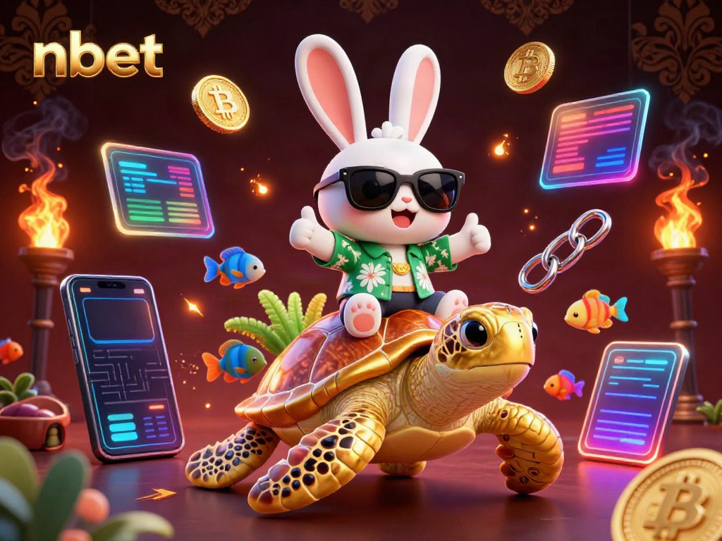 Experience thrilling gaming at nbet with an exciting 3D scene of a lucky rabbit and golden turtle.