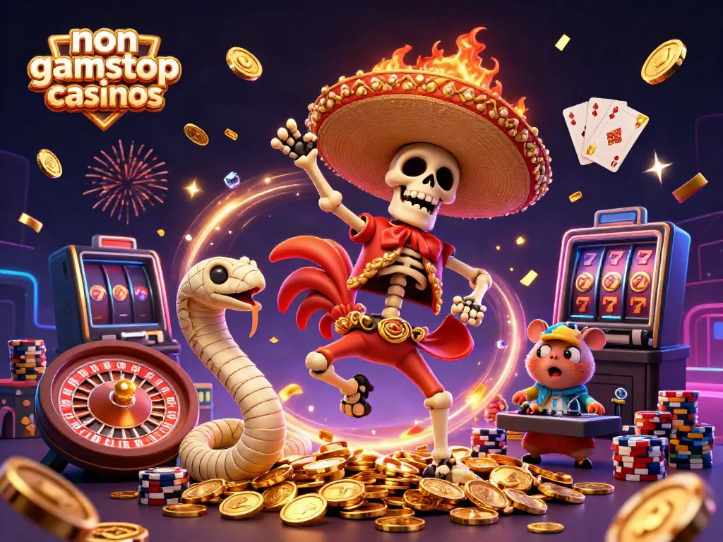 Celebrate at non gamstop casinos with vibrant, lively characters and dazzling golden elements.