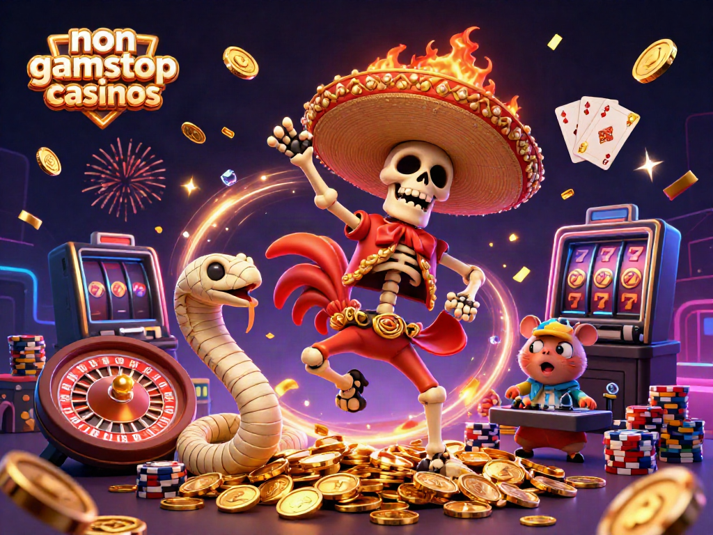 Celebrate at non gamstop casinos with vibrant, lively characters and dazzling golden elements.