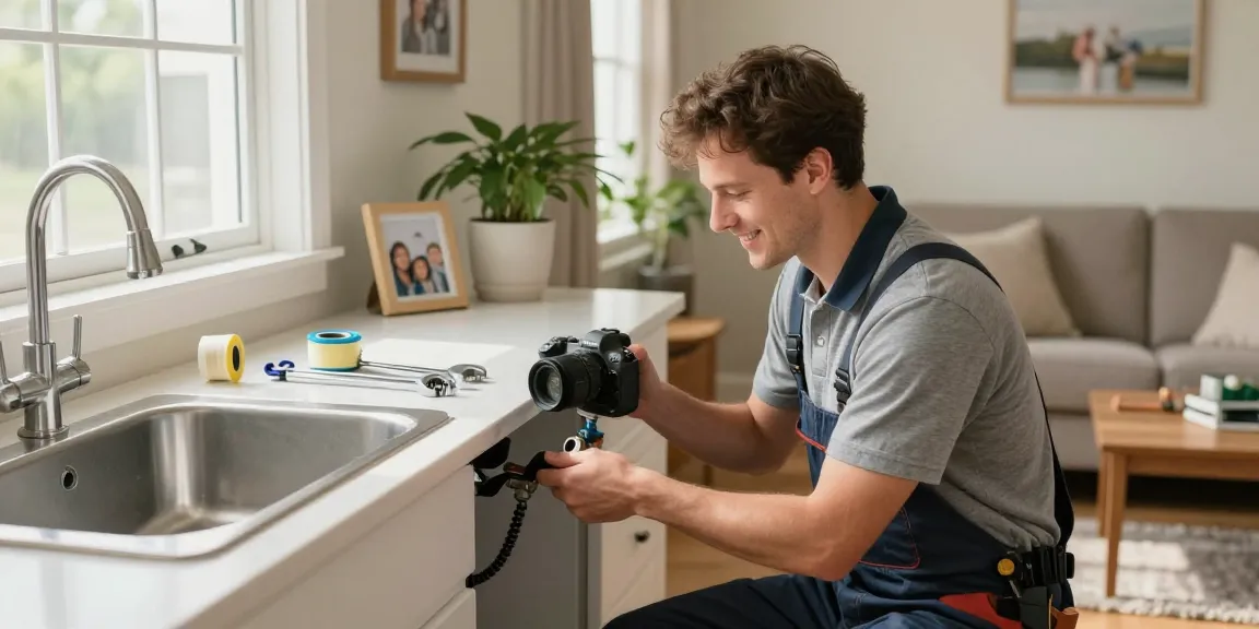 Local plumber Stevens Point WI fixing sink issue with tools in a cozy home.