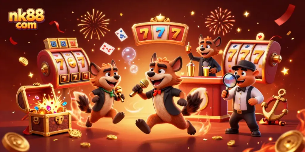 Experience the vibrant excitement of nk88 com with lively hyenas in a comedy casino scene.
