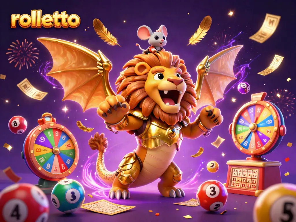 Experience exciting rolletto gameplay with a dynamic 3D illustration of a golden-armored chimera and festive game elements.