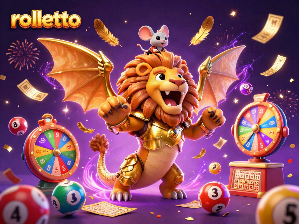 Experience exciting rolletto gameplay with a dynamic 3D illustration of a golden-armored chimera and festive game elements.
