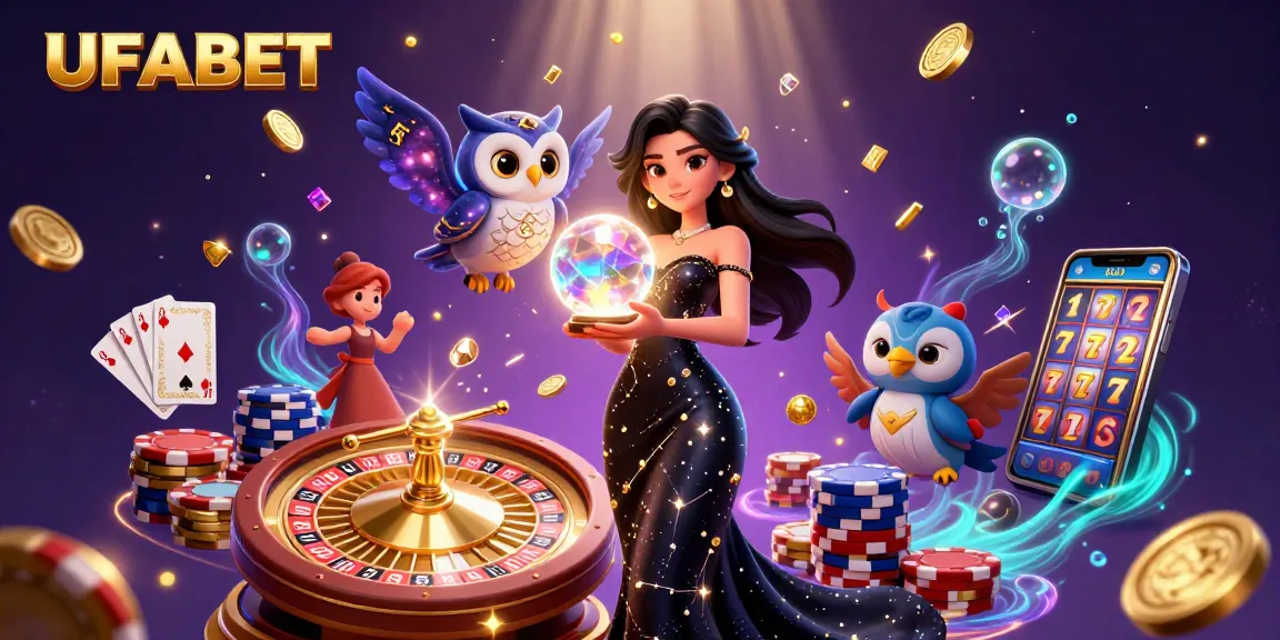 Win big with UFABET at this vibrant casino illustration, showcasing stunning gaming elements.
