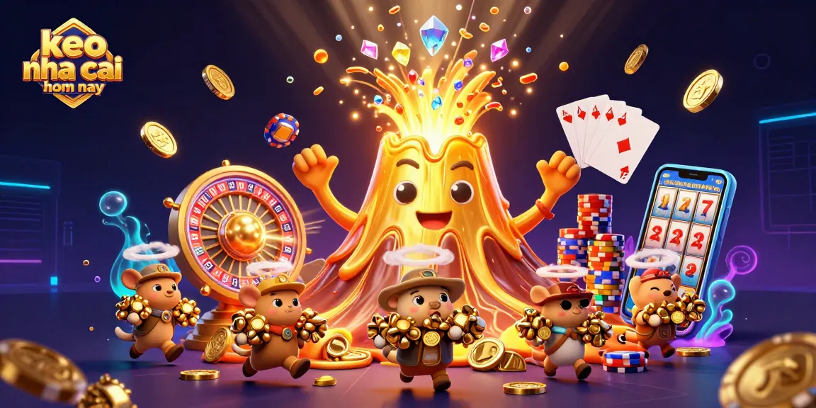 Engage with the excitement of keo nha cai hom nay through vibrant 3D illustration of golden volcano and treasure.