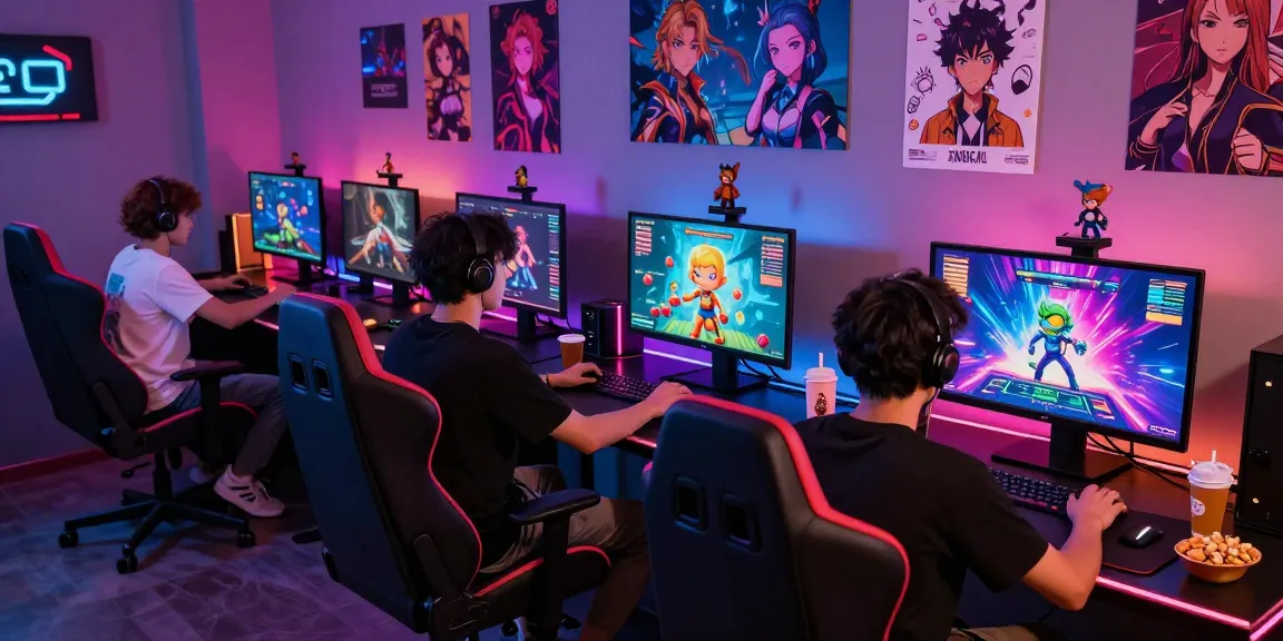 Mind control hentai gaming session with colorful characters and engaged players.