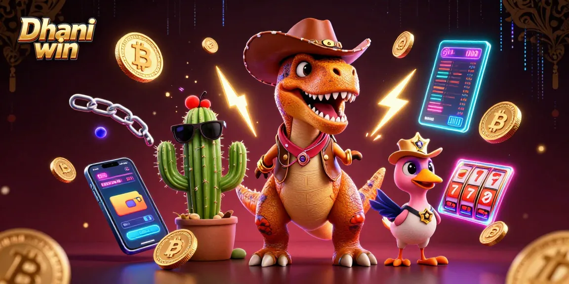 Dhani win showcases a vibrant 3D illustration featuring a dinosaur cowboy, cactus, and roadrunner in a casino setting.
