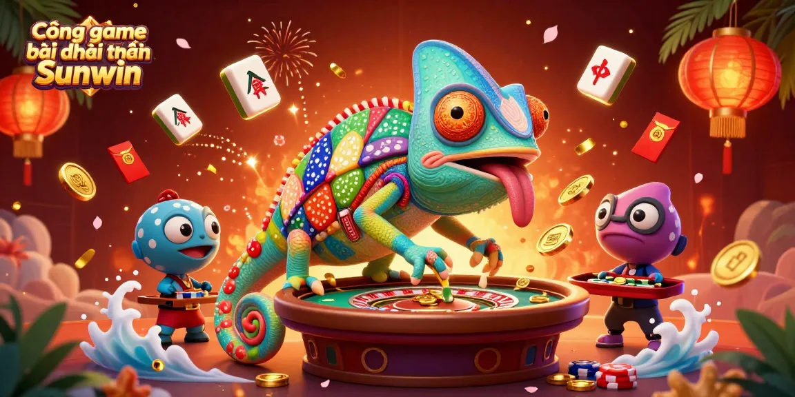 Cổng game bài đổi thưởng Sunwin offers exciting casino action with a playful chameleon themed scene.
