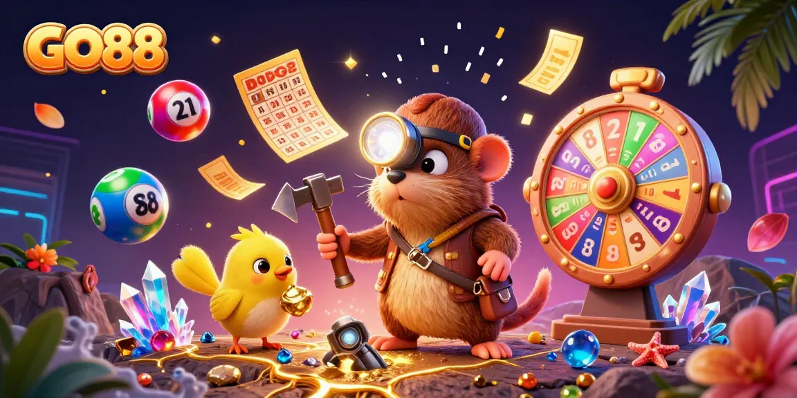 Experience thrilling chances with GO88's vibrant lottery balls and dynamic prizes in a captivating scene.
