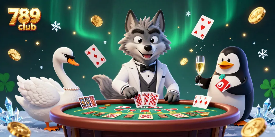 Experience the thrill of 789club with a debonair wolf, elegant swan, and sophisticated penguin in a vibrant casino scene.