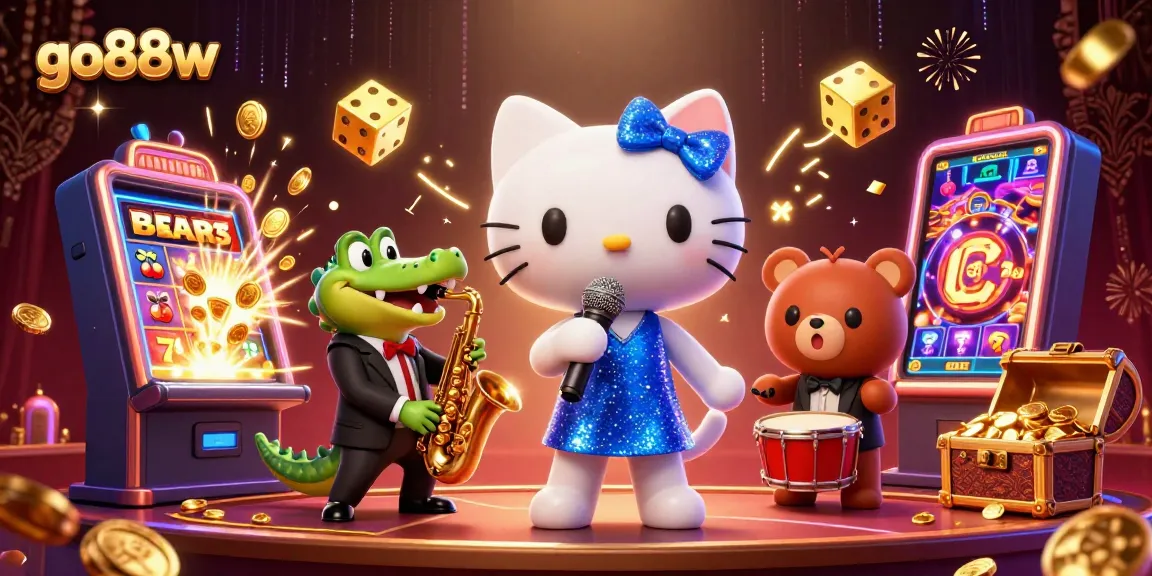 Spin to win at go88w, featuring a vibrant casino scene with a jackpot explosion and lively characters.