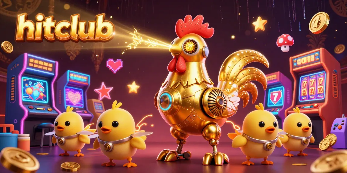 Hitclub features a golden rooster robot and baby chick drones amidst vibrant casino-themed graphics.